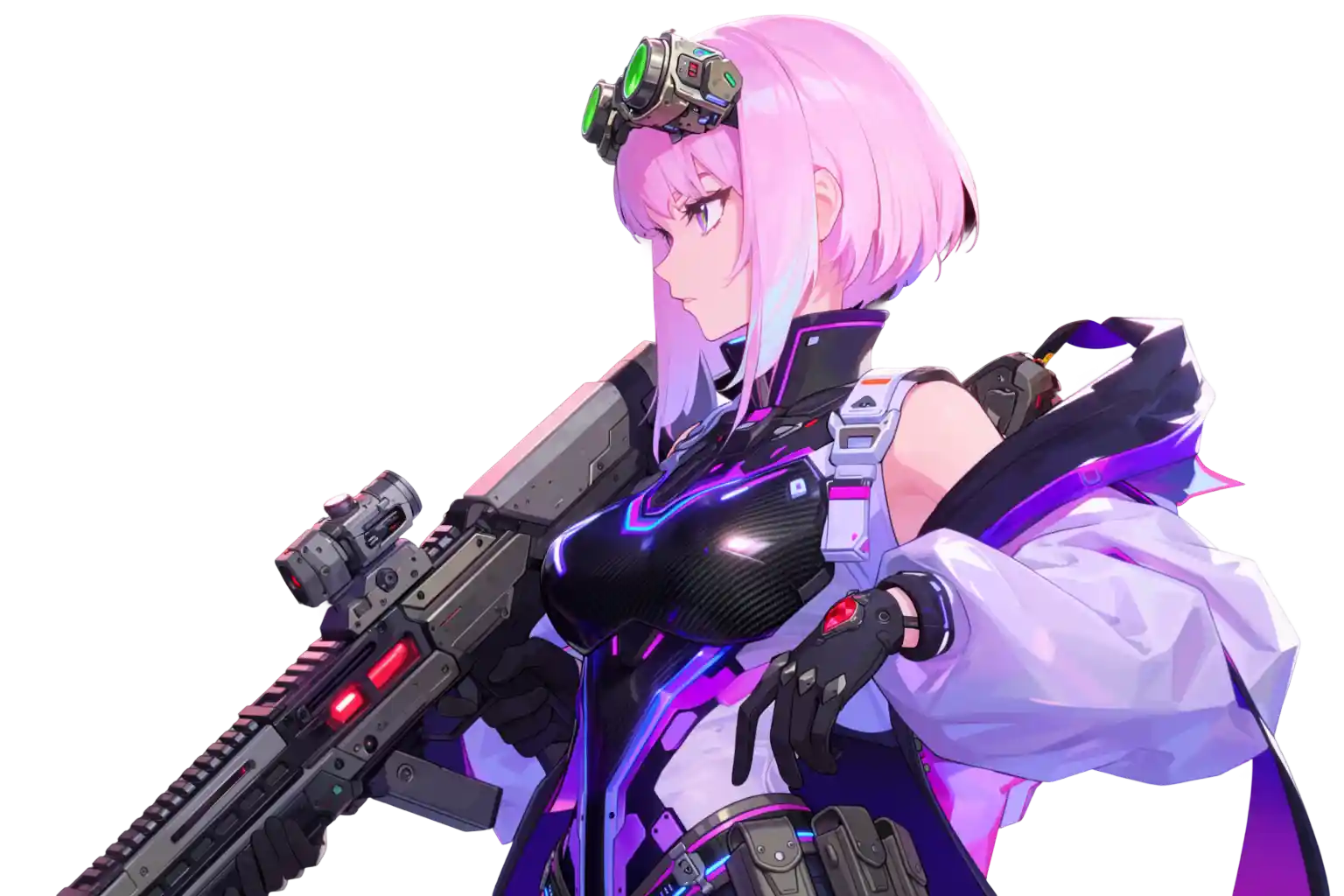 Anime-style female cyborg character with pink hair, high-tech tactical gear, and a futuristic energy rifle, illuminated by purple and magenta neon rim lights.