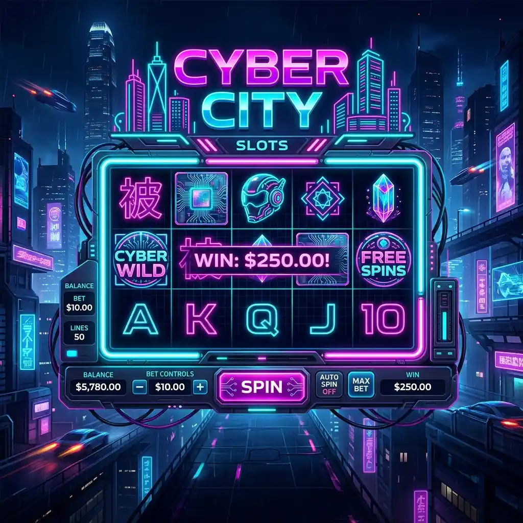A neon-lit cybernetic slot machine interface with glowing pink and cyan symbols spinning rapidly, set against a dark grid.